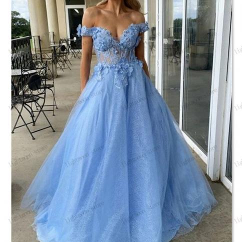 Classic Prom Dress A Line Tulle Tiered Evening Dresses Princess Ball Gowns  Lace Appliques Off The Shoulder Robe Vestidos Color Navy blue US Size 6