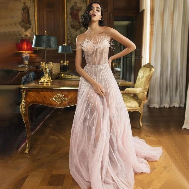 Illusion Prom Dresses Evening Dress Strapless With Feather Decorate  Backless Robes For Formal Party 2024 Vestidos De Ga Color Beige US Size 2