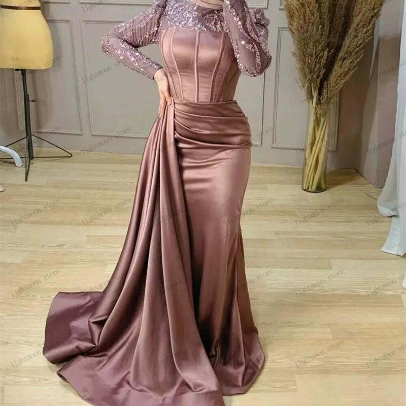 Classic Prom Dress Graceful Evening Dresses For Women 2024 Satin Sheath  Mermaid Full Sleeves Beading Appliques Vestidos Color Burgundy US Size 12