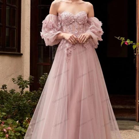 Vintage Evening Dresses Elegant Prom Dress Off The Shoulder Robes For Formal  Party Tulle Tiered Flower Decorate Vestidos Color Beige US Size 6
