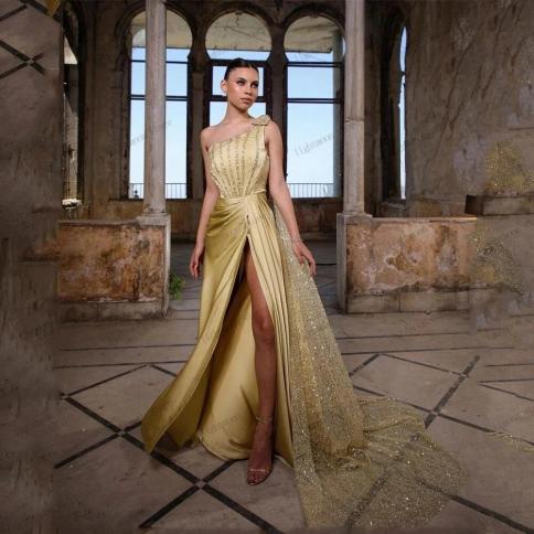 שמלות ערב קלאסיות שמלת נשף מלכותית שמלות נשף כתף אחת אפליקציות נצנצים ללא שרוולים שסע גבוה vestidos de gala