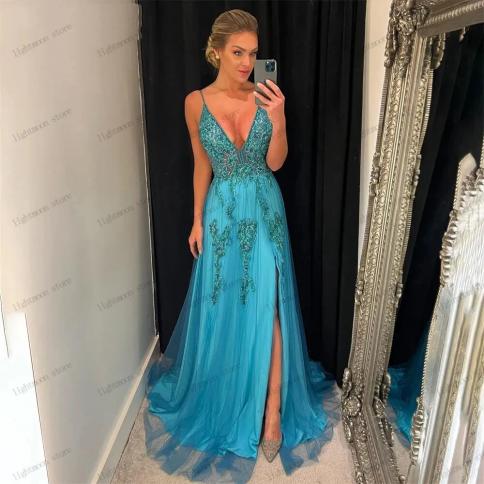 Pretty Evening Dresses Elegant Prom Dress Embroidery V Neck Backless High  Slit Ball Gowns Spaghetti Straps Vestidos De G Color Black US Size 18W