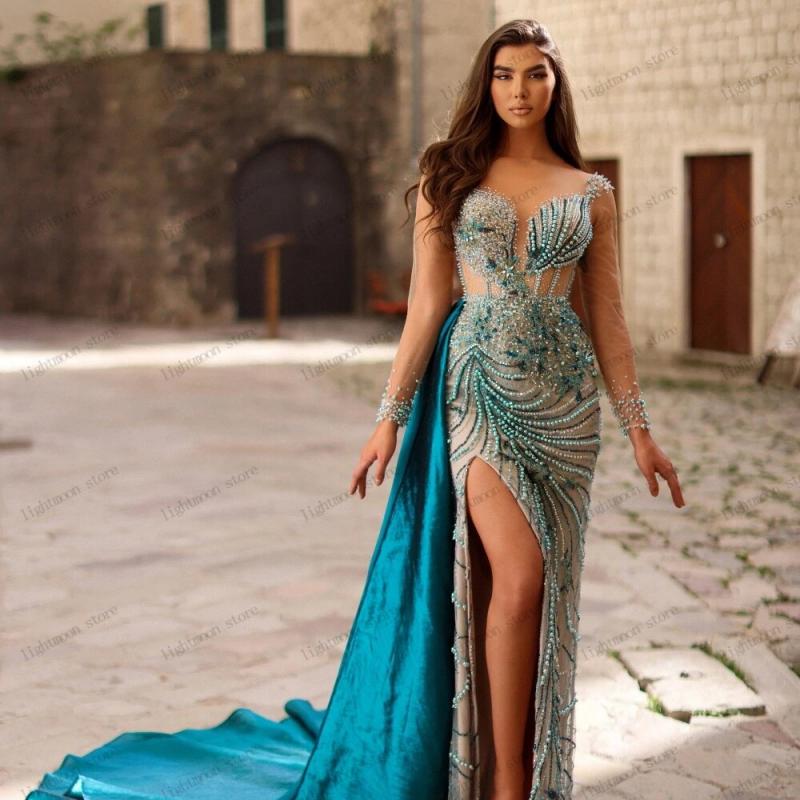 Exquisite Evening Dresses Pretty Prom Dress For Women Sheath Mermaid Beading Appliques Robes High Split Vestidos De Gal US Size 20W Color custom color