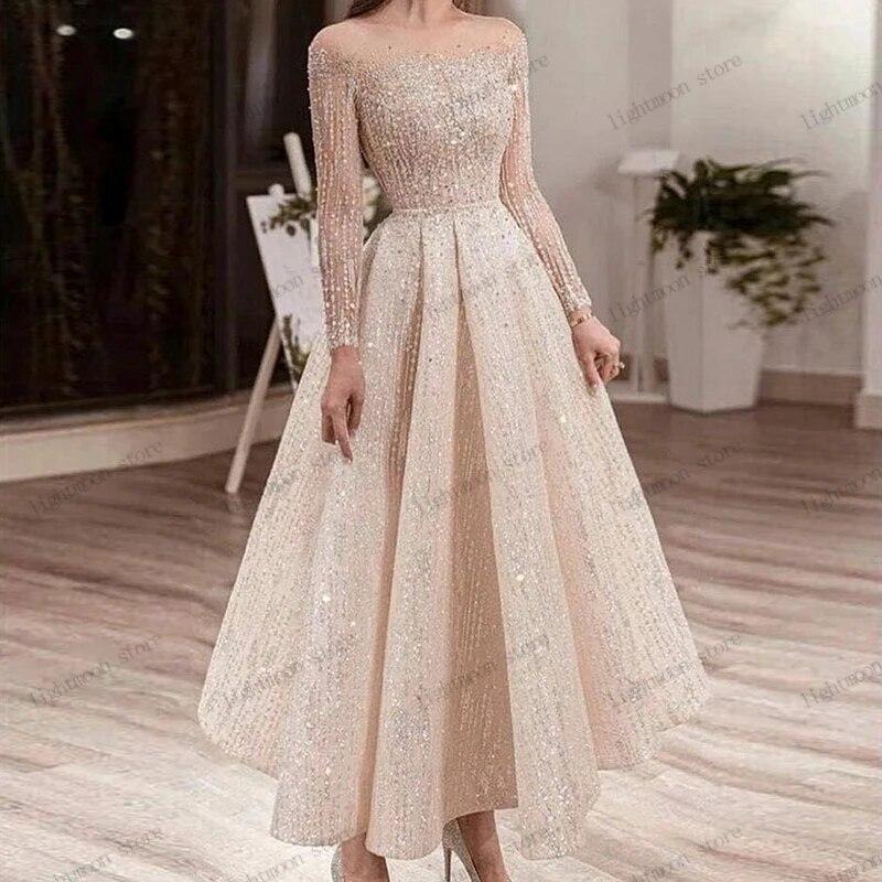Shiny Evening Dresses A Line Prom Dress Full Sleeves Tea Length Ball Gowns  Sequin Appliques Cocktail Robes Vestidos De G US Size 4 Color Ivory