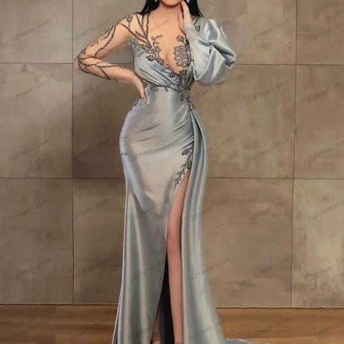 שמלת ערב יפה שמלת נשף צווארון V שמלת נשף סאטן שמלות נשף תחרה אפליקציות גלימות מפוצלות גבוהות למסיבה vestidos de gala 2024