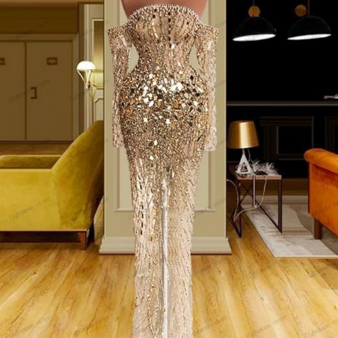 שמלת נשף נצנצת שמלות ערב חינניות לנשים 2024 מסולסלות שרוולים מלאים שמלות נשף מבריקות חלוקי נצנצים vestidos