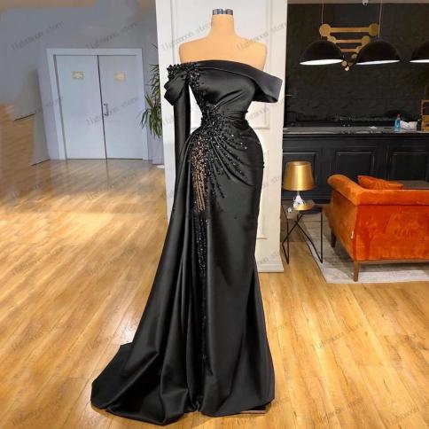 שמלות ערב מקסימות מחוץ לכתף שמלת נשף כתף אחת נדן בתולת ים חרוזים אפליקציות סירה צוואר vestidos de