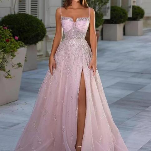 שמלות נשף ורודות יפהפיות לנשים 2024 קו שמלות ערב שמלות ספגטי רצועות ספגטי גבוה מפוצל vestidos de