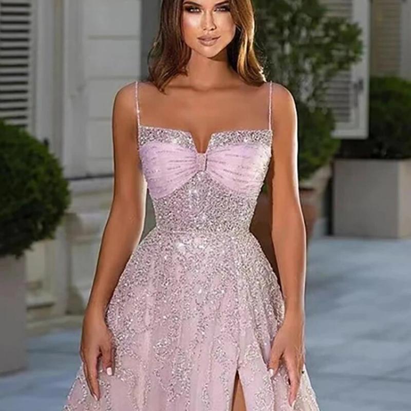 Beautiful Pink Prom Dresses For Women 2024 A Line Evening Dress Gowns  Spaghetti Straps High Split Backless Vestidos De Color White US Size 14