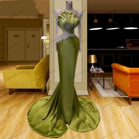 שמלות ערב יפות סאטן שמלת נשף אפליקציות נצנצים נדן בתולת ים גלימות שרוולים מלאים למסיבה רשמית vestidos de