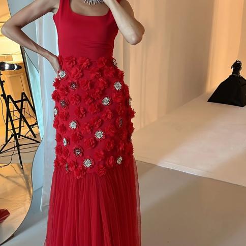 שמלות ערב באיכות גבוהה נדן מרובע מסיבת פרח ריינסטון רשת/טול סאטן שמלת אירוע רשמי вечерне�