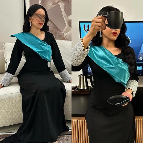 שמלת נשף ערב הסעודית מודרנית בסגנון V צווארון קו חרוזים באורך רצפת סאטן שמלות ערב בהזמנה אישית