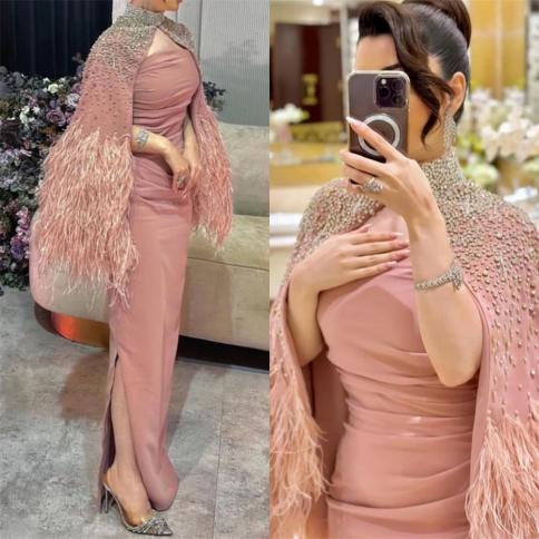 prom dresses high quality  collar sheath cocktail sequin feathers satin occasion evening gown vestido formatura	فستا