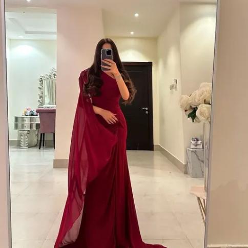 Burgundy Chiffon Prom Dresses 2024 Beaded Mermaid One Shoulder Watteau  Train Elegant Party For Women Evening US Size 10 Color same as picture
