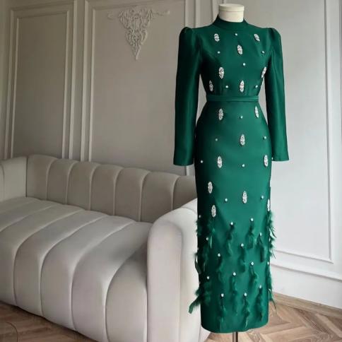 yipeisha ירוק חרוזים שרוולים ארוכים שמלות נשף נוצות צוואר גבוה להתאים אישית ערב אלגנטי עיצוב חדש שמלת מסיבה רשמית