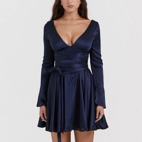 Suninheart Autumn And Winter Long Sleeve Dress Navy Blue Long Belt A Line  Mini Dress V Neck Casual Women's Clothing size XS Color Beige