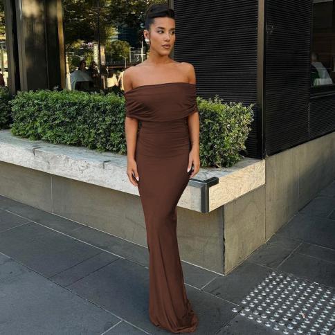 Black Ruched Elegant Off Shoulder Backless Maxi Evening Prom Dress Club  Party Outfits 2024 Women Bodycon Dresses Vestid Color Brown US Size 2