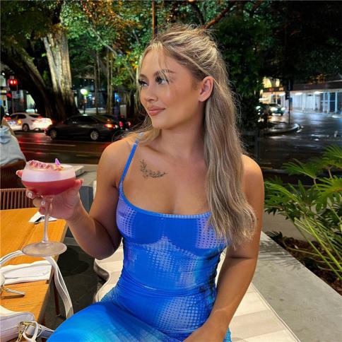 030 Spaghetti Strap Long Backless Slim Dresses Blue Printed Maxi Dress  Women Party Night Club Outfits