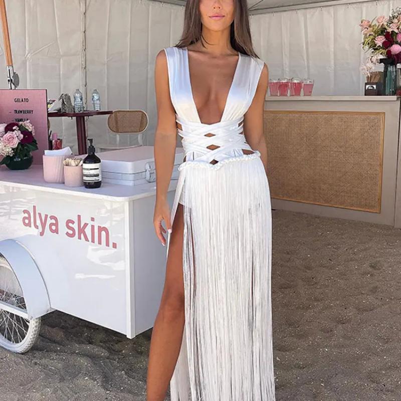 2024 New Tassel Halter Hollow Out Backless Long Dress Women Patchwork Off  Shoulder Split Dresses Lady Beach Party Robes