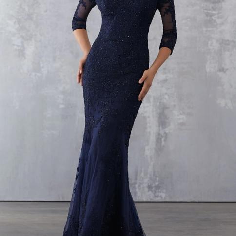 שמלת ערב ארוכה אלגנטית כחול כהה מחוץ לכתף 3/4 שרוולים טאטא רכבת אורחת חתונה שמלות רשמיות רשמיות חרוזים מכניס תחרה