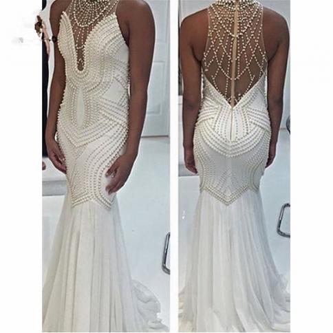 new luxury pearls prom dresses for women illusion back sweep train evening party formal occasion vestidos para mujer ف�