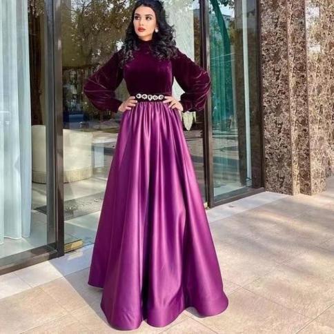 new muslim prom dresses for women velvet beaded long sleeve floor-length elegant formal occasion vestidos para mujer ف�