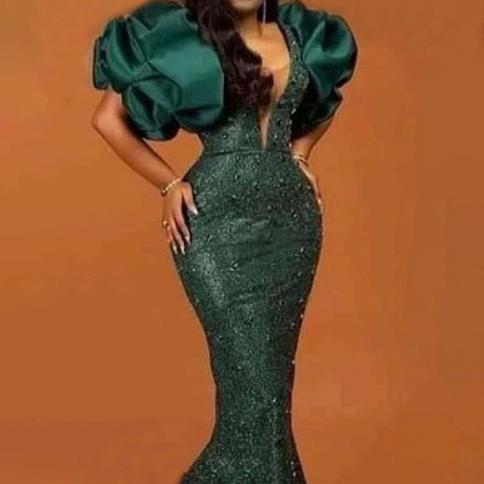 new hunter green prom dresses for women with puff sleeves bead sequined mermaid formal occasion vestidos para mujer فس