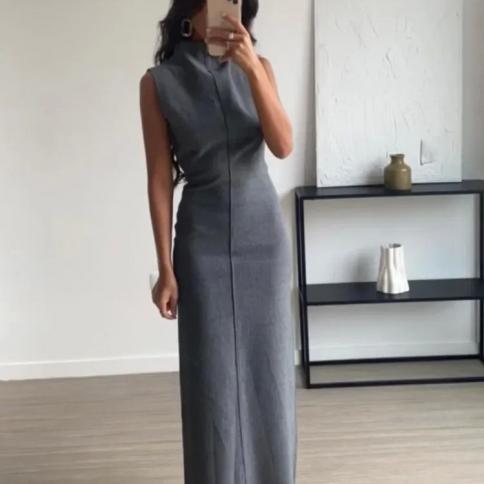 Elegant Grey Women Long Pencil Dress Elegant Stand Collar Sleeveless  Bodycon Dresses 2023 Office Lady Dress Party Club R size M Color Beige