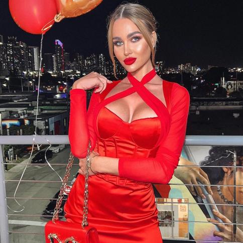 Long Sleeve Bodycon Dress Birthday Evening Night Party Dresses Mesh Cross  Mini Dresses Women 2022 Summer size XS Color Red