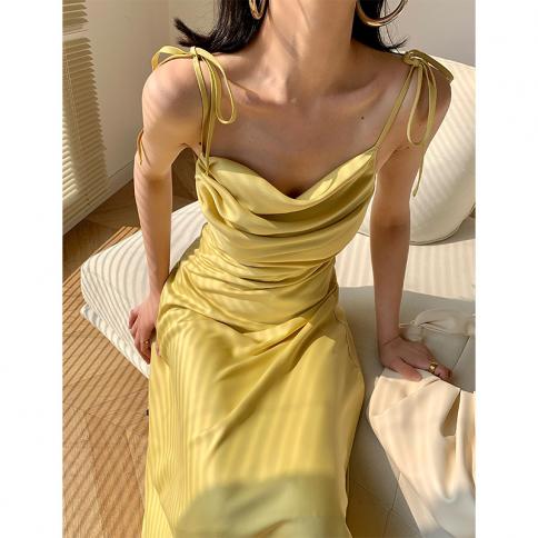 mingmingxi קיץ אלגנטי סאטן ספגטי שמלת רצועת רצועת צהוב צווארון V שמלות מסיבת יום הולדת שמלות נשים 2023