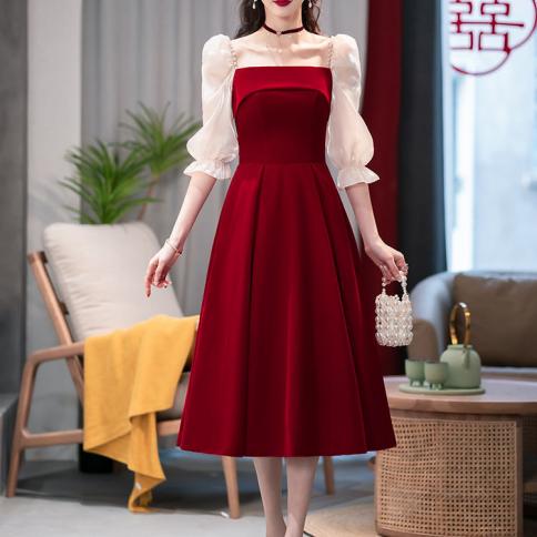 2024 Wine Red Luxury Small Dress, Summer Skirt, Toast Dress, Bride Can Wear Engagement  Dress On Weekdays