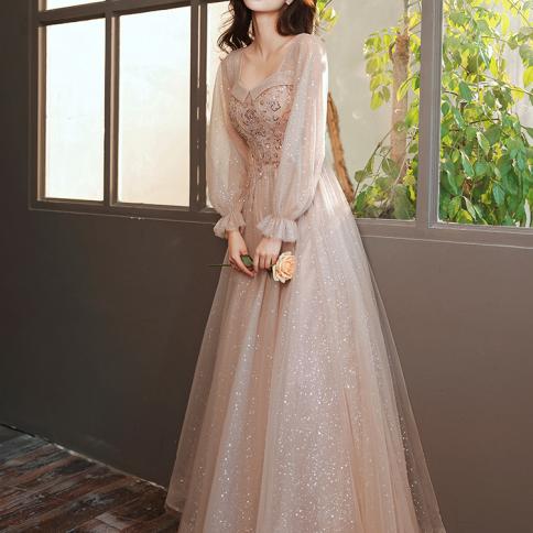 French Style Square Collar Long Sleeve Long Evening Dress Beading Sequined  Prom Dresses Lace Up Tulle Wedding Party Gown size 3xl Color champagne