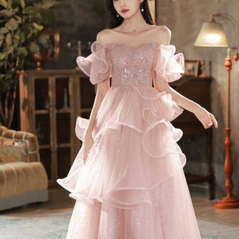 French Style Evening Dress Women's 2023 New Off-shoulder Ruffle Cake Dresses  Fashion Lace Up Sequin Floor-length Prom Go size XS Color Pink