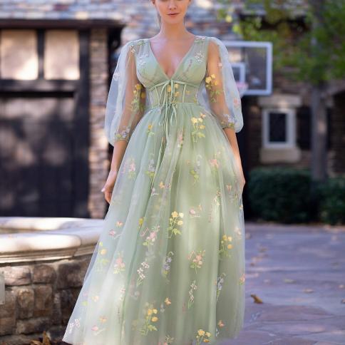 רקמת מתוקה שמלת נשף נשים קו באורך תה טול ירוק שרוולים נפוחים מחוך פרחוני מידי ערב רשמי