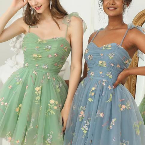 2023 שמלת מסיבה אלגנטית שמלות נשף ירוק מנטה רצועות מתכווננות מבריק אהבה טול תה מסיבת חתונה קצרה סיום ד