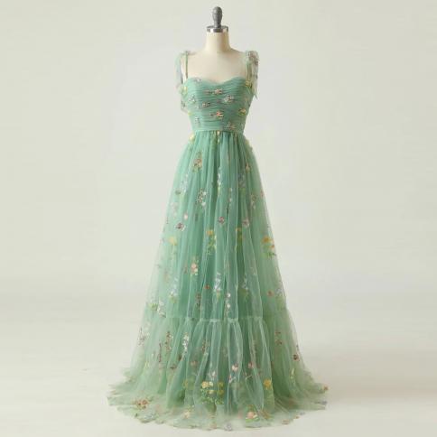 2024 שמלת נשף אלגנטית שמלות נשף ירוק מנטה רצועות מתכווננות מבריק אהבה טול אורך תה סיום מסיבת חתונה