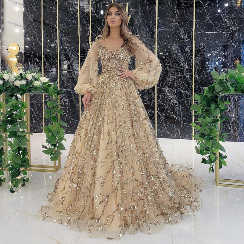 2023 Emerald Dress V-neck Lace Prom Dresses Heavy Duty Beaded Deluxe  Evening Dress Luxury Prom Gown Plus Size Evening D size S Color Gold