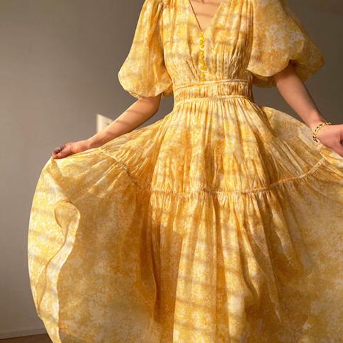 שמלות קיץ לנשים 2023 הדפס צרפתי צווארון V שמלת פרחים מקוטעת שמלת נשים אלגנטית ויפה שיפון ארוכה