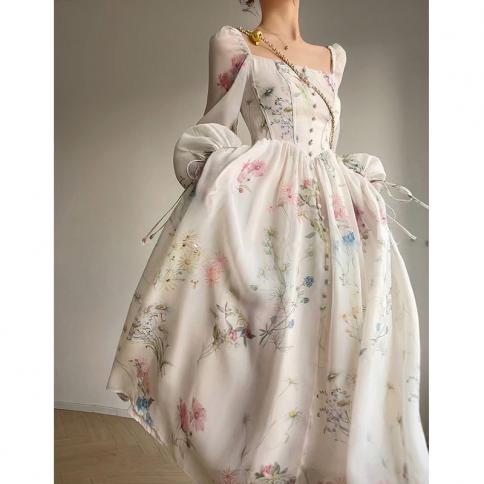 לין ג'ונג הואה יו שמלה צרפתית עצם דג דקה הדפס אהבה ראשונה שמלת פיות שמלת תה הפסקת תה שמלה ארוכה ילדה אביב חדש