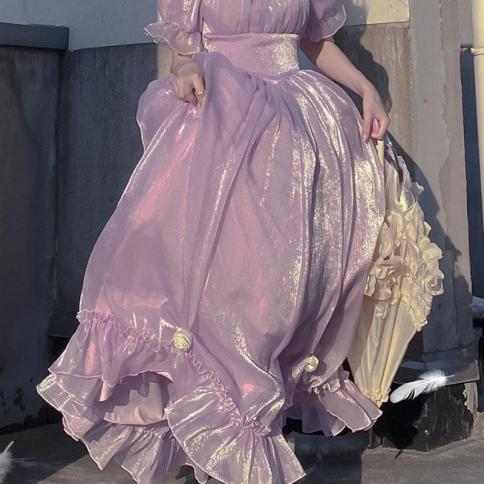 2023 שמלת צרפתית וינטג' סגולה קיץ עם שרוול נפוח ללא גב קשת א-קו שמלת מידי אופנה מסיבת ערב ארמון נסיכת