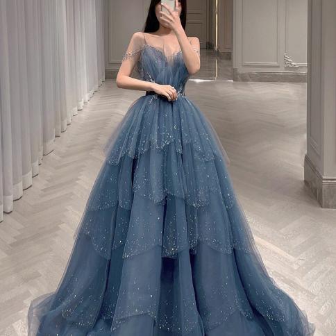 rongkun שמלות ערב יוקרתיות ארוכות לנשים 2022 שמלת שושבינה פיות אישה כחולה שכבות מבריקות שמלות נשף 2023 got