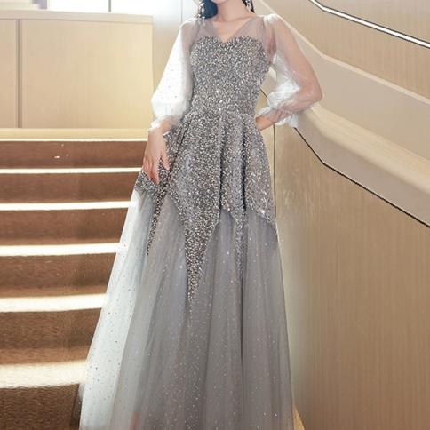 Silver Grey Evening Dress Luxury 2023 New Summer Birthday Host Artistic  Exam Temperament Graduation Dress Girl size XL Color gray
