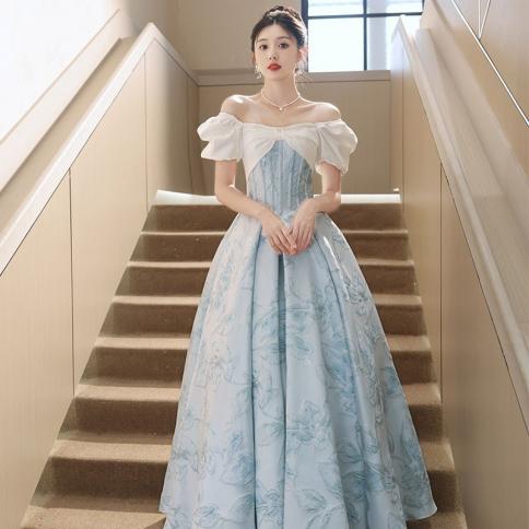 One Shoulder Blue Evening Dress For Women, French Elegant Performance,  High-end Light Luxury Dress, Dance Party Dress size 2xl Color Blue