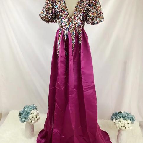 שמלת פאייטים אישה צווארון V אופנה גותי חצאיות מפוצלות ארוכות בגדי מסיבה שמלות נשף שמלות לנשים
