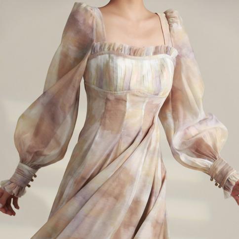 שמלות וינטג' לנשים בסגנון ארמון עם שרוולים ארוכים באורך בינוני צוואר מרובע רטרו שמלות מודפסות אלגנטיות לנשים vestidos