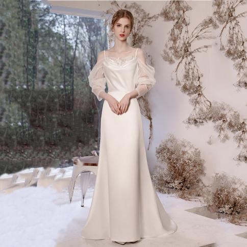 חצאית סטרפלס מקסי עם שרוולים ארוכים לנשים שמלות מקסי סאטן מסיבת חתונה בסגנון לבן