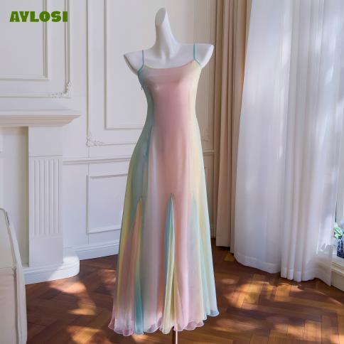 Aylosi שמלה בסגנון מתוק לנשים חופשה שיפון בסגנון צרפתי צבע קשת קלע חצאיות ארוכות שמלות מקסי פשוטות