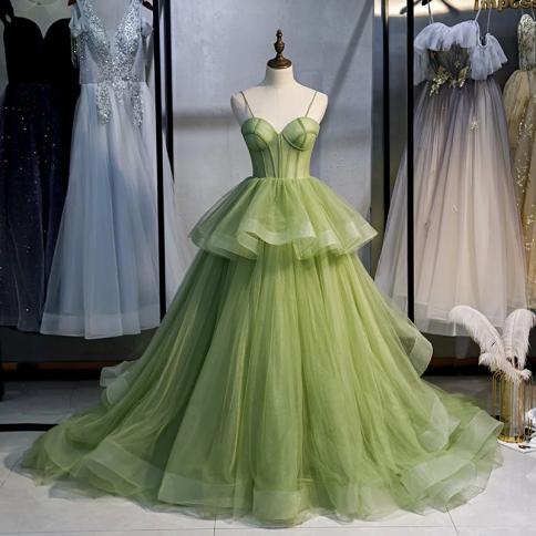 שמלת מסיבת חתונה ירוקה לנשים vestidos de mujer תחרה עם צווארון V חצאית עוגה ללא שרוולים שמלות ארוכות לנשף נשף