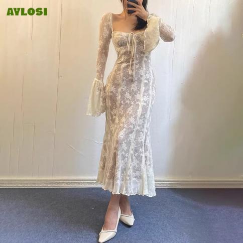 aylosi 2024 שמלות אלגנטיות לנשים בגדי נשים בסגנון צרפתי שרוול חצוצרה עצם דג בתולת ים חצאית אפוד שמלת מקסי דקה