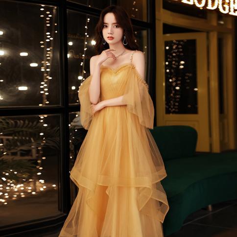 שמלת ערב לנשים וינטג' צהוב תחרה מחוץ לכתף חצאית ארוכה חצאית אלגנטית שמלת נשף נשף אפוד לנשים